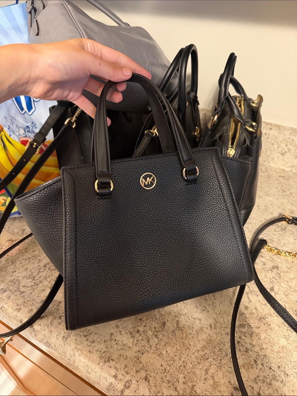 Michael Kors Black Pebbled Leather Top-Handle Satchel with Gold Accent